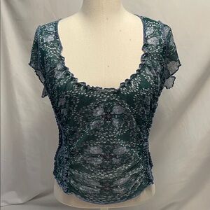 Mesh Free People Top with Ruched sides Sexy Capri Blue flower Feminine